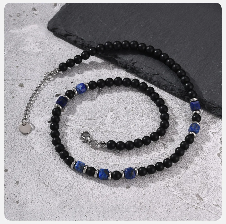 Vnox Herren-Perlenkette, mattschwarzer Onyx und Lapislazuli, Natursteinkette, verstellbare Länge, lässiger Alltagsschmuck für Männer, Geschenk – Detail 6