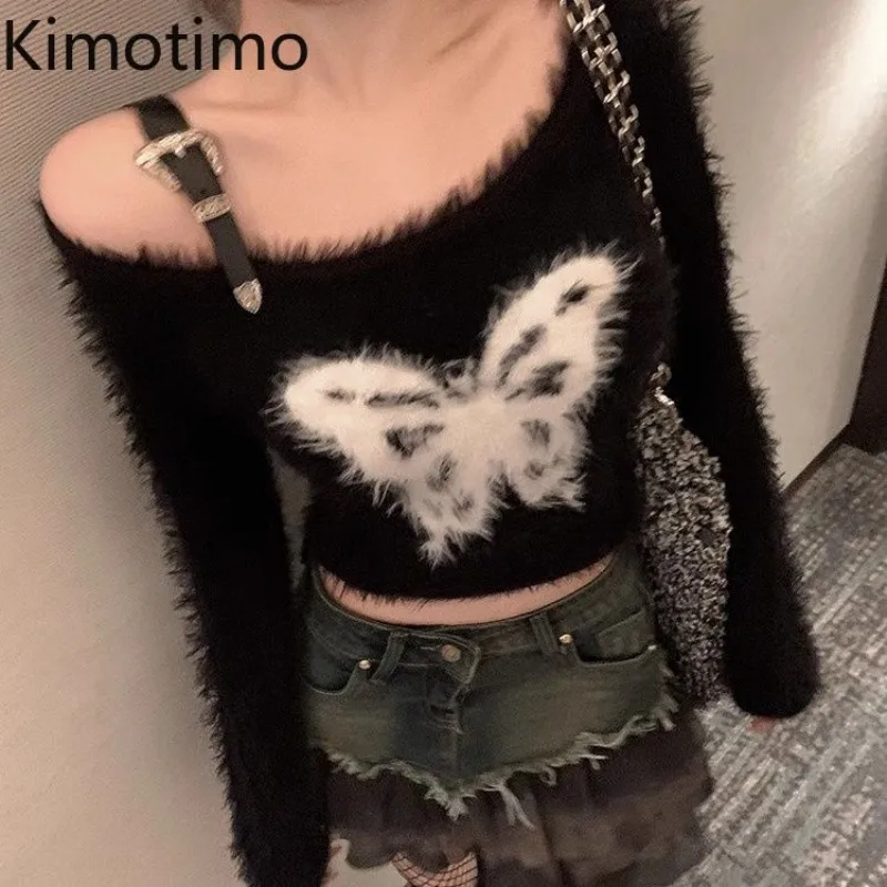 

Kimotimo Hotsweet Butterfly Print Knitted Crop Top Women 2025 Autumn Off Shoulder Long Sleeve Slim Fit Pullover Sexy Y2k Sweater