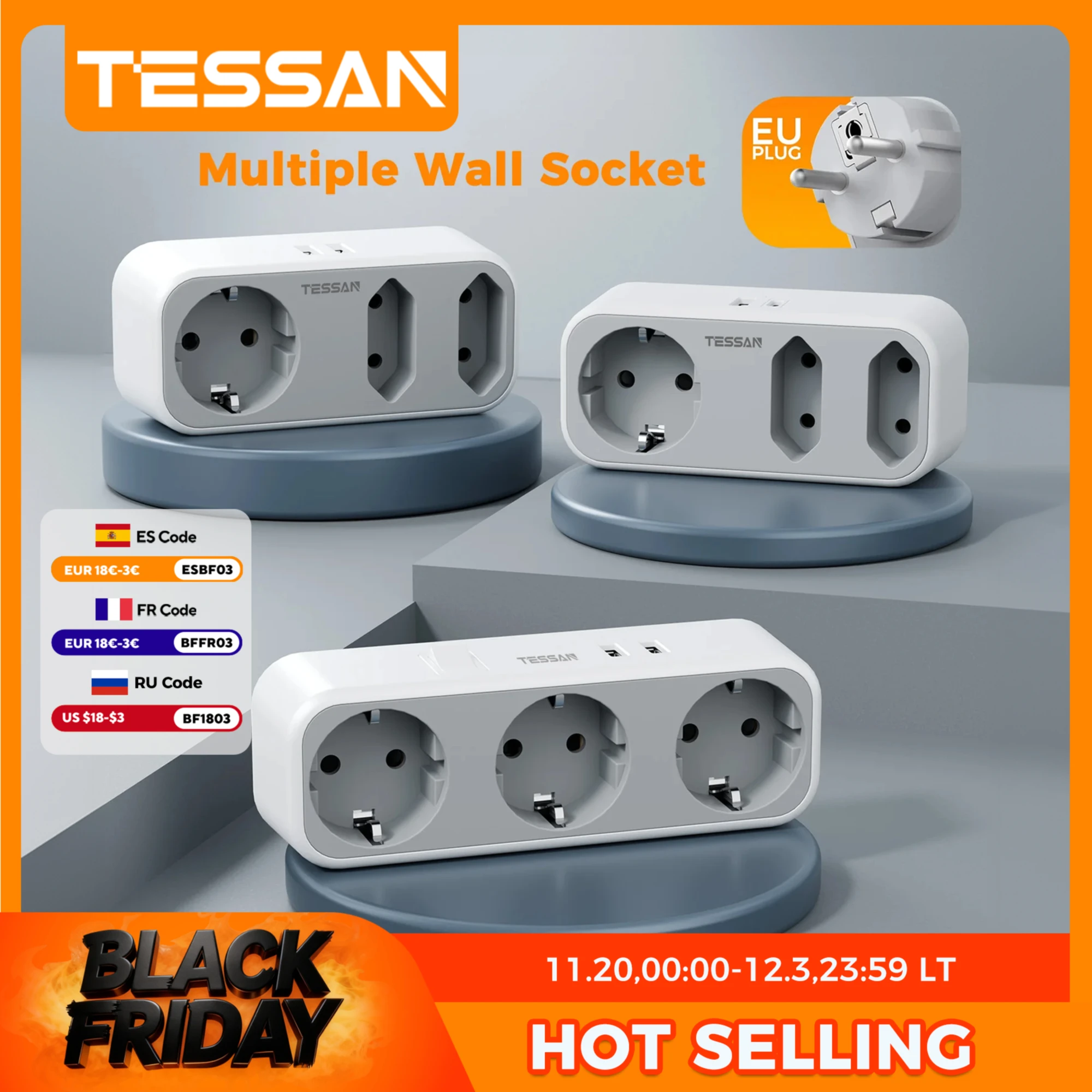 

TESSAN 3600W Compact Wall Socket with 1 Schuko 2 EU AC Outlets 2 USB Ports 5 in 1 Home Electrical Socket Extender Wall Adapter
