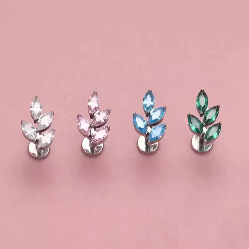1PC ASTM F136 G23 Titanium Horse Eye CZ Leaf Shape Internal Thread Cartilage Helix Conch Lobe Ear Piercing Flat Back Earring 16G