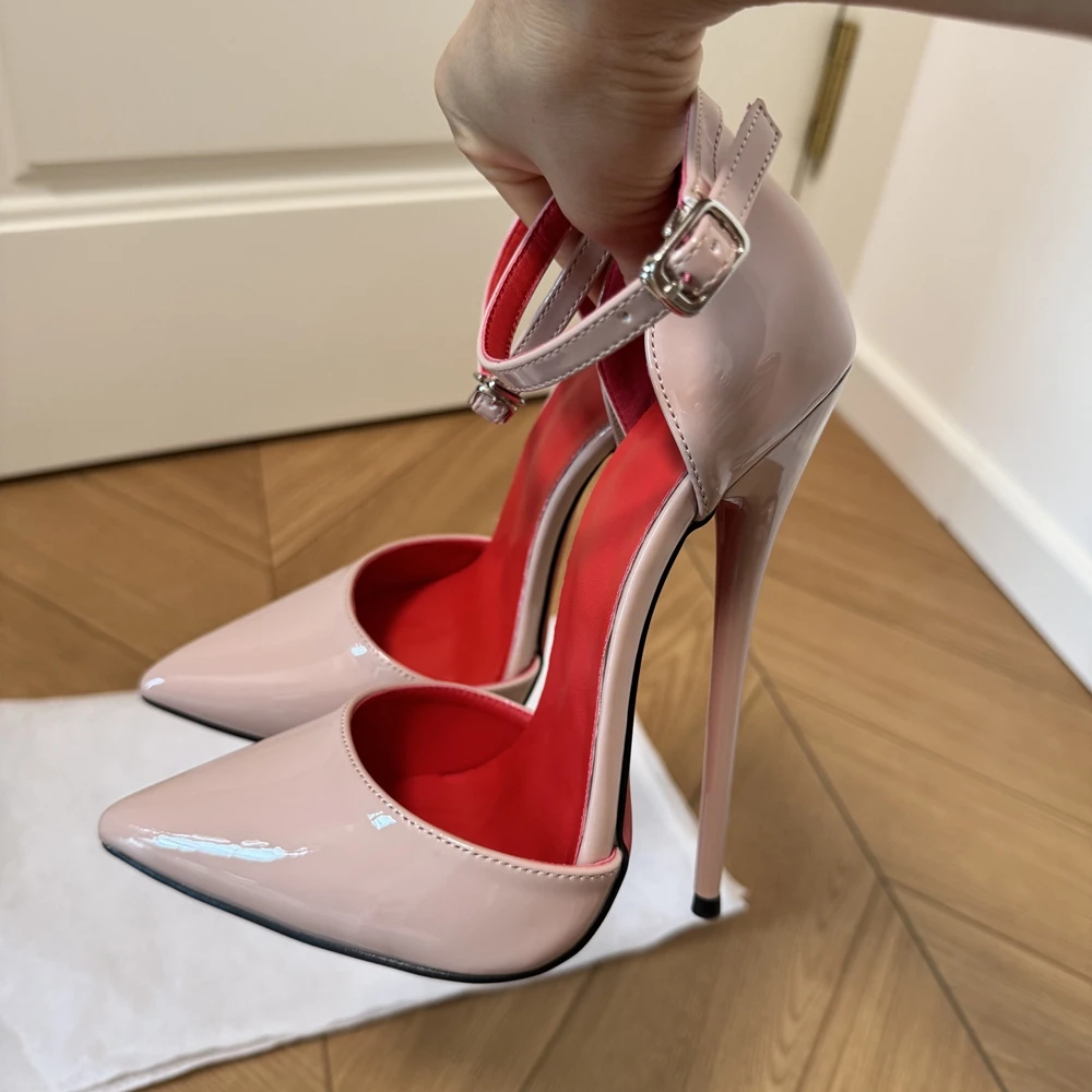 14/16CM Ultra High Heels Woman Nude Pointed Toe Stiletto Pumps Ankle Strap T-stage Pole Dance Show Fetish Club Photography Shoes