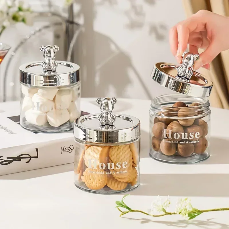 

1 Pcs Bear Glass Storage Jars Suitable for Storing Cookies Candies Nuts Cotton Swabs and Dental Floss Home Storage Containers