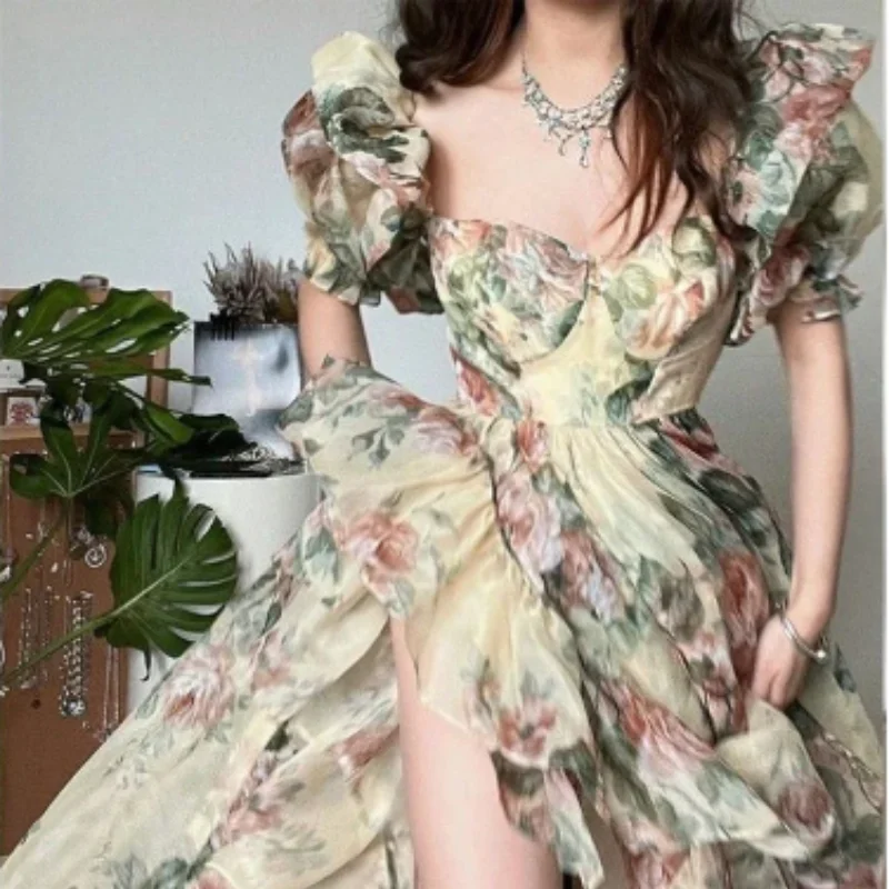 

Floral Print Evening Party Dress Women 2024 Puff Sleeve Elegant Princess Long Dres Ladies France Vintage Open Fork Dress Summer