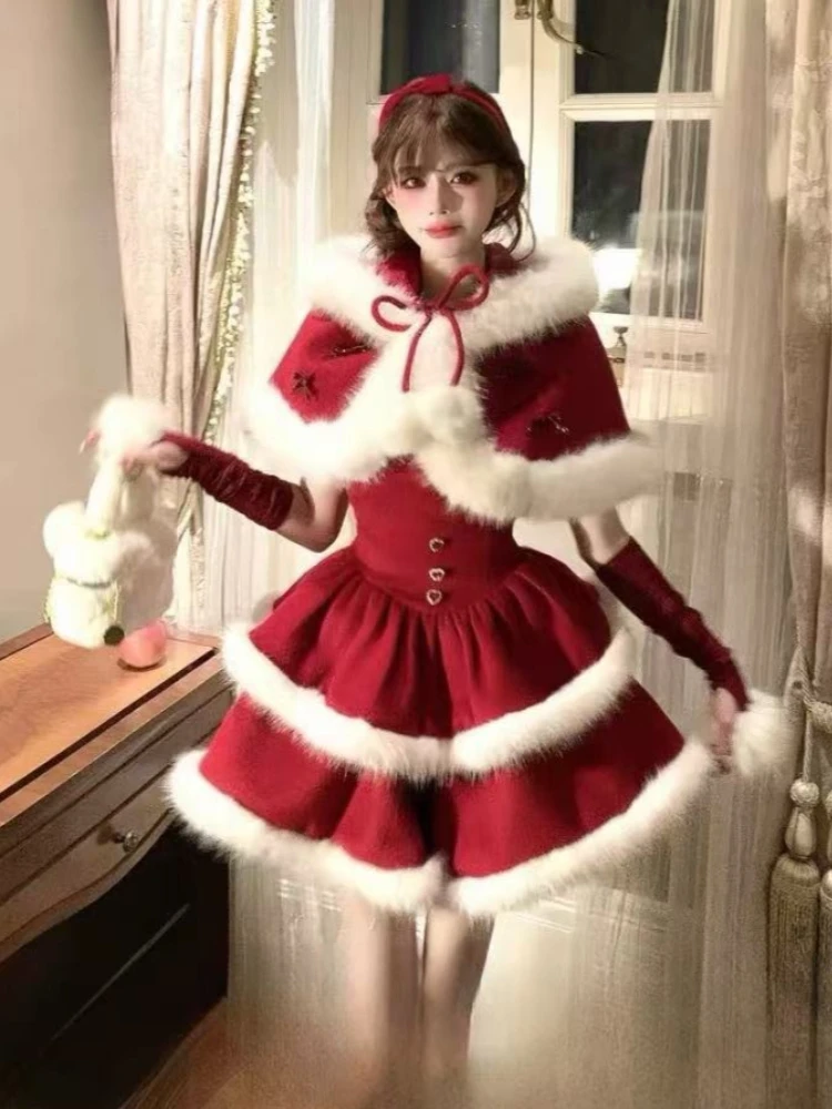 Christmas Sweet Lolita 2 Piece Sets Woman Cape Coats + Cute Dress Kawaii Faux Fur Vintage Suit Winter Y2k Evening Party Outfits