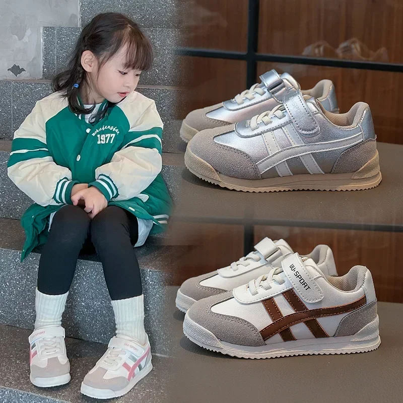 

Children Sports Shoes Color Block Sewing Thread Hook Loop Round Toe Soft Soled Thick Flat Shoes Breathable Comfortable Non Slip