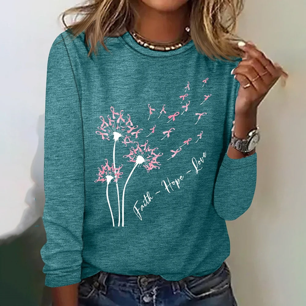 Dandelion Pink Ribbon Print Womens T-Shirt Designer Long Sleeve T-Shirt Polyester Women Fashion Long Sleeve