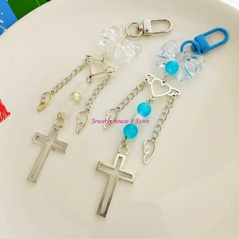 أنيقة الفراشة Bowknot Heart Termic Crosss سحر سلسلة المفاتيح في سبيكة بيضاء