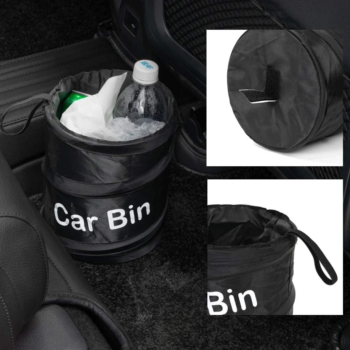 Zusammenklappbarer schwarzer Auto-Mülleimer mit Müllbeutel, auslaufsicherer Abfallbehälter für kleine Kühltaschen, Müllbeutel, Abfallkorb – Detail 2