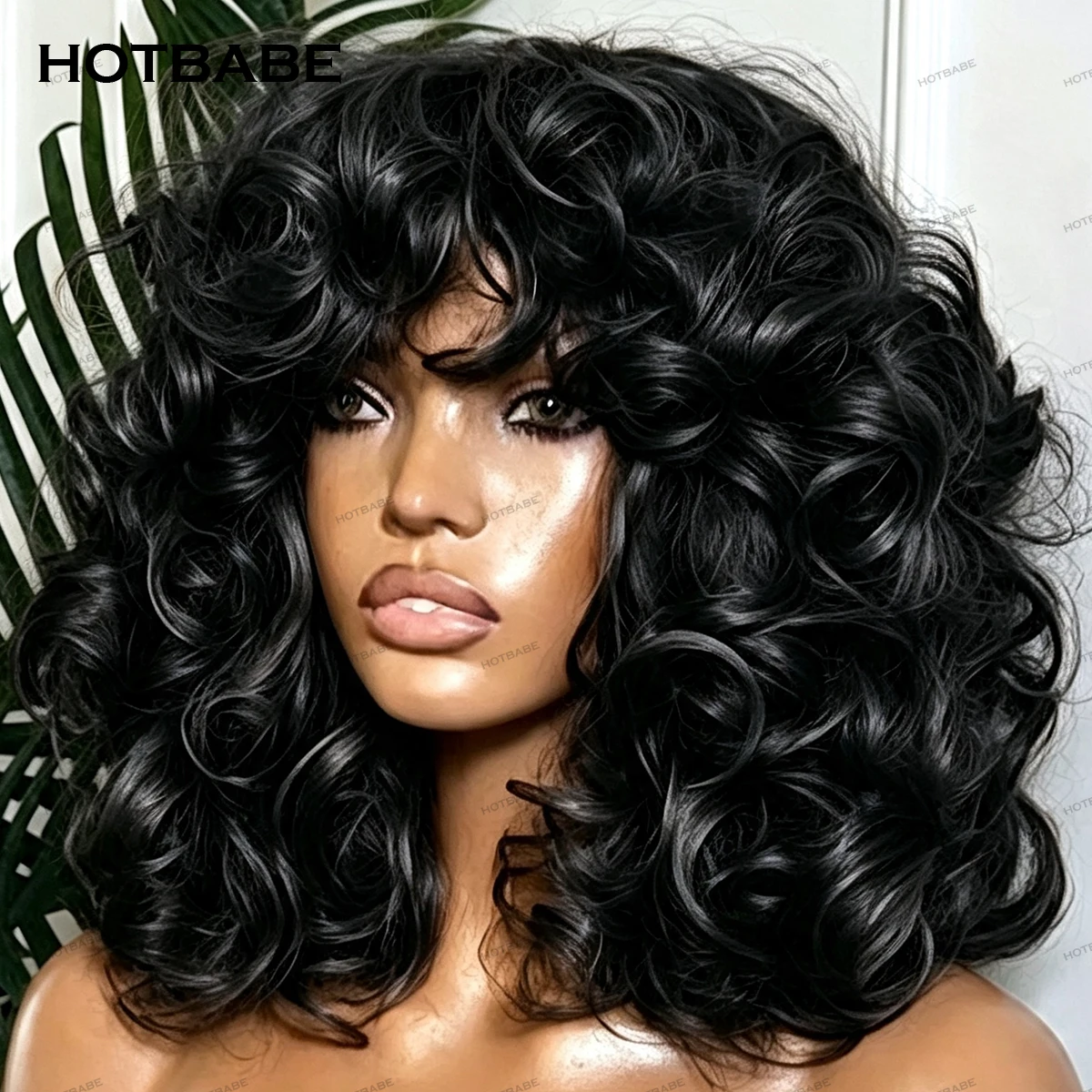 Natural Black 100% Human Hair Wigs Full Machine Made Curly 300% Density Bangs Bouncy Curly Glueless Wigs For Women 350 Ginger