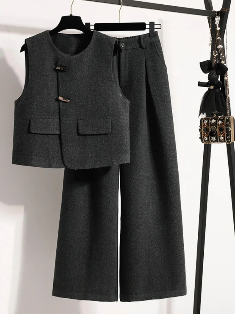 

Ele Woolen Vest Jaet Women's Spring Faion plus Size Matching Wide Leg Pants Two Piece Set Casual Sle Thiened Wint...