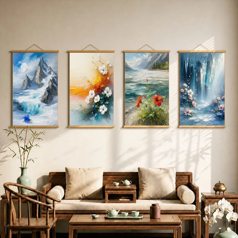 Wall Decorations Emotional Hibiscus Flower Portrait, Expressive Floral Pearlescent Canvas Hanging Scroll Decor for Beauty Studio