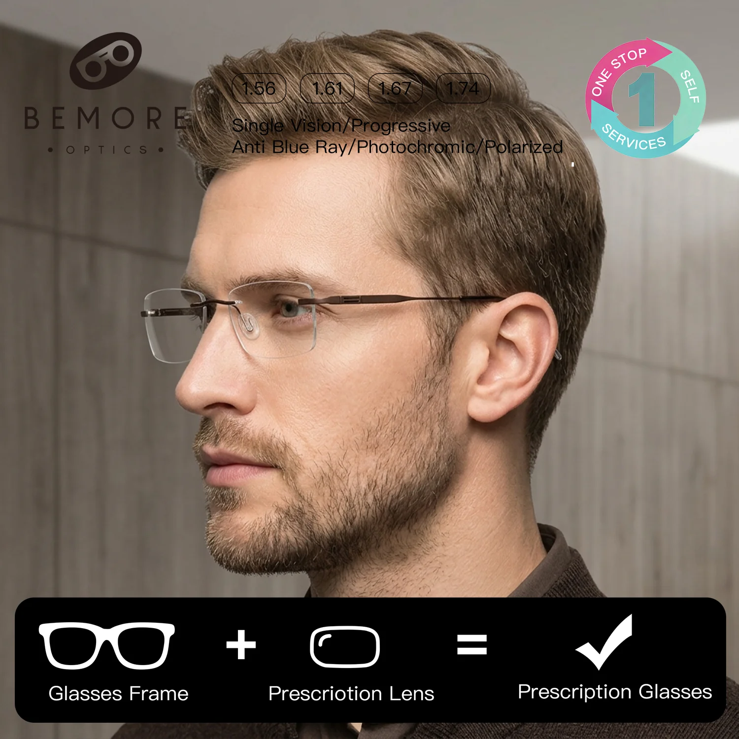 

BEMORE Alloy Minus Diopter Glasses For Unisex Men Women Rimless Photochromic Anti Blue Light Optical Prescription Eyeglasses