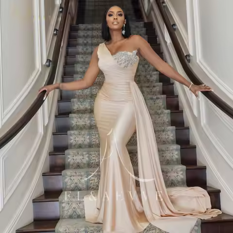 FL&amp;AEVVE Champagne Bridesmaid Dress Beaded Crystal One-Shoulder Wedding Party Gown Customized Long Formal Evening Dress
