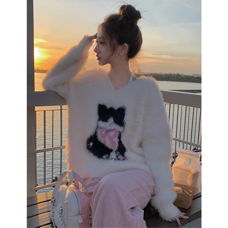 Cartoon V-neck Large Sweater Women's Clothing Autumn And Winter White Faux Mink Velvet Hot Girl Mid-Length Knitted Top Pullovers