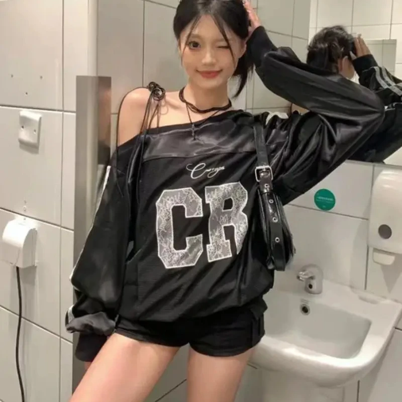 الكورية رسالة مطرزة الدانتيل الربط قطري الكتف قبالة الكتف كم طويل هوديي الشارع المرأة الخريف فضفاض مثير أعلى