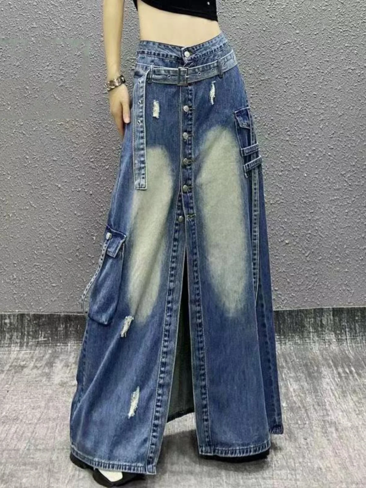 

Women's Denim Midi Skirt Spring 2026 Loose Vintage High Waist A-Line Workwear Split Commute Style Button Pocket Detail