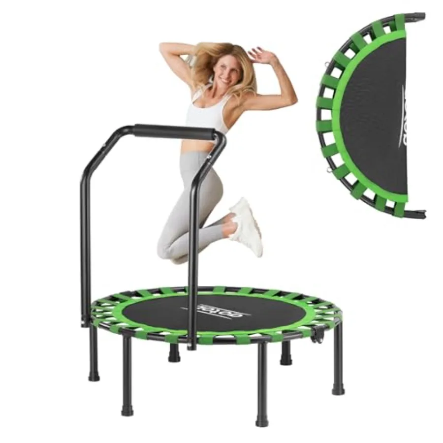 

Fitness trampoline for adult use durable bungee material black color foldable design with bar for quiet and safely cushioned bo