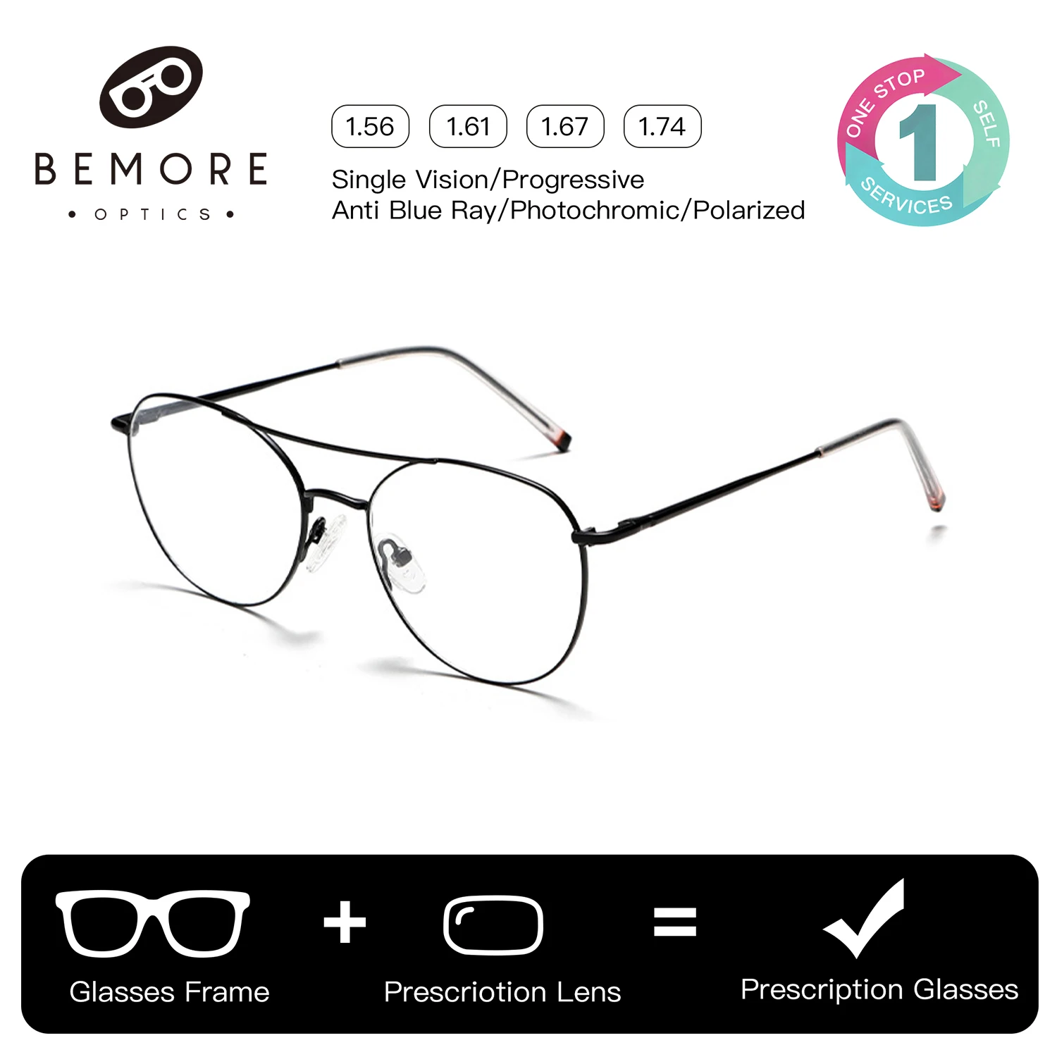 BEMORE Pilot Prescription Eyeglasses For Men Alloy Photochromic Anti Blue Light Myopia Graduated Optical Glasses