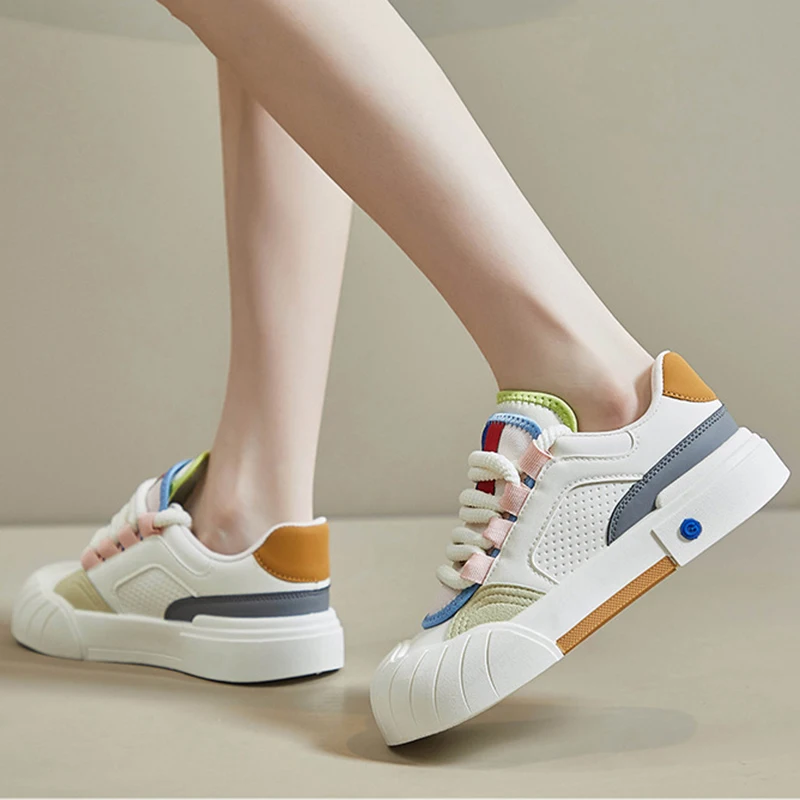 Women Color Matching Low-top Sports Women's Shoes Lace Up Casual Sports Shoes Mixed Colors Design Thick Bottom Vulcanized Shoes