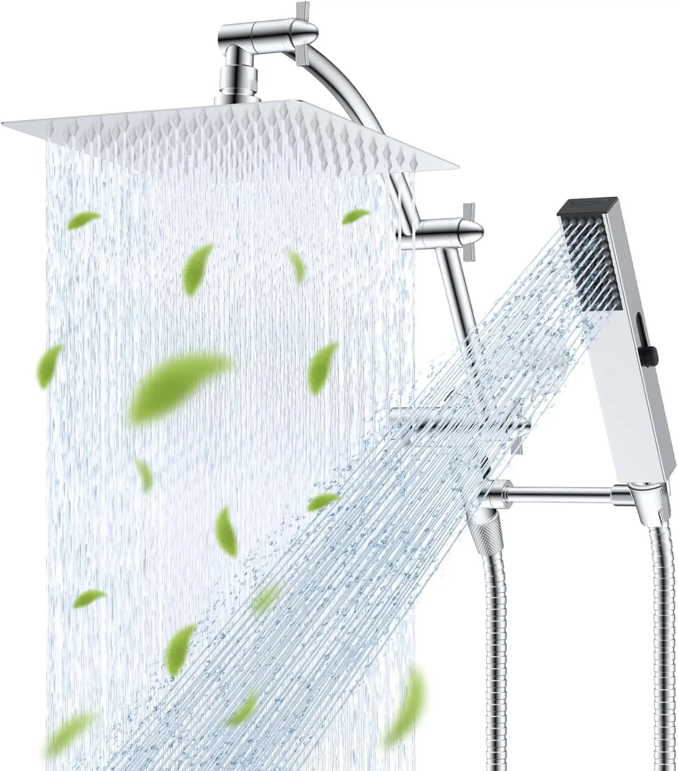 

8'' Rainfall Shower Head with 4-Mode Handheld, High Pressure, Adjustable Arm and Hose - Chrome Finish