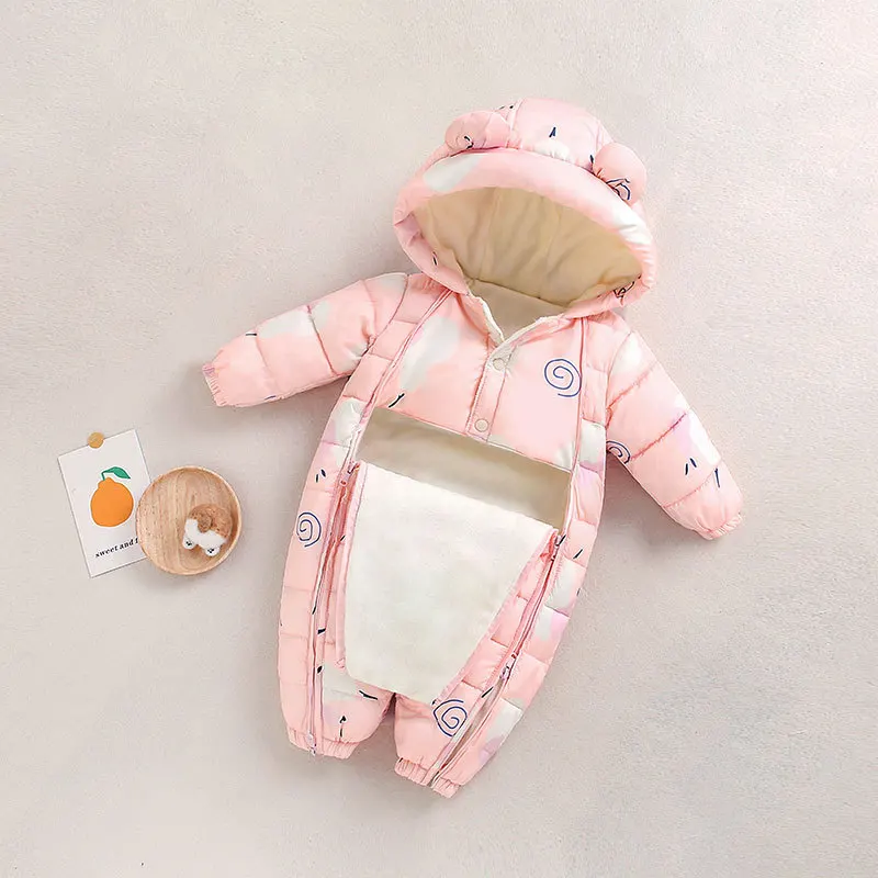 Autumn Winter Baby Boy Snowsuit Printed Hooded Plus Velvet Toddler Boy Jumpsuit 0-2 Years Newborn Infant Girl Overalls Romper