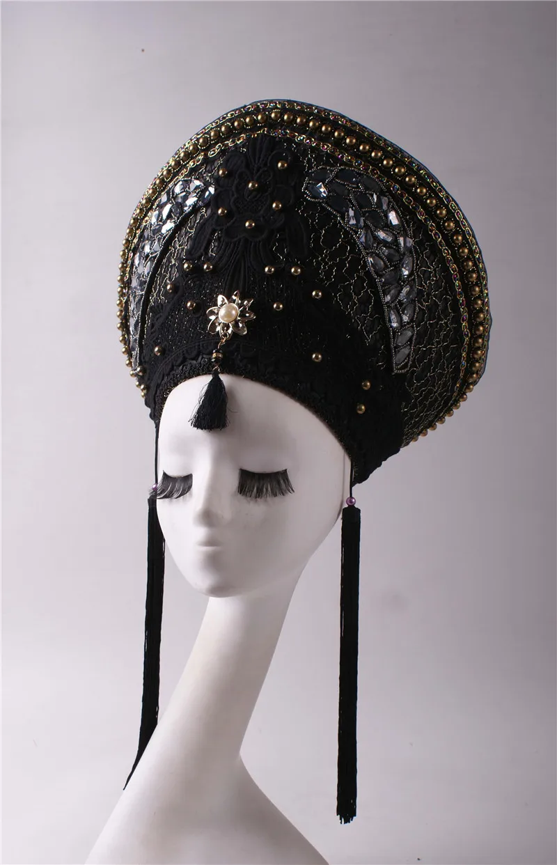 Headdress Black Exaggerated Diamond Crown Shape Lace Embroidery with Tassel Exquisite Suitable for Model Hair Accessories Simple