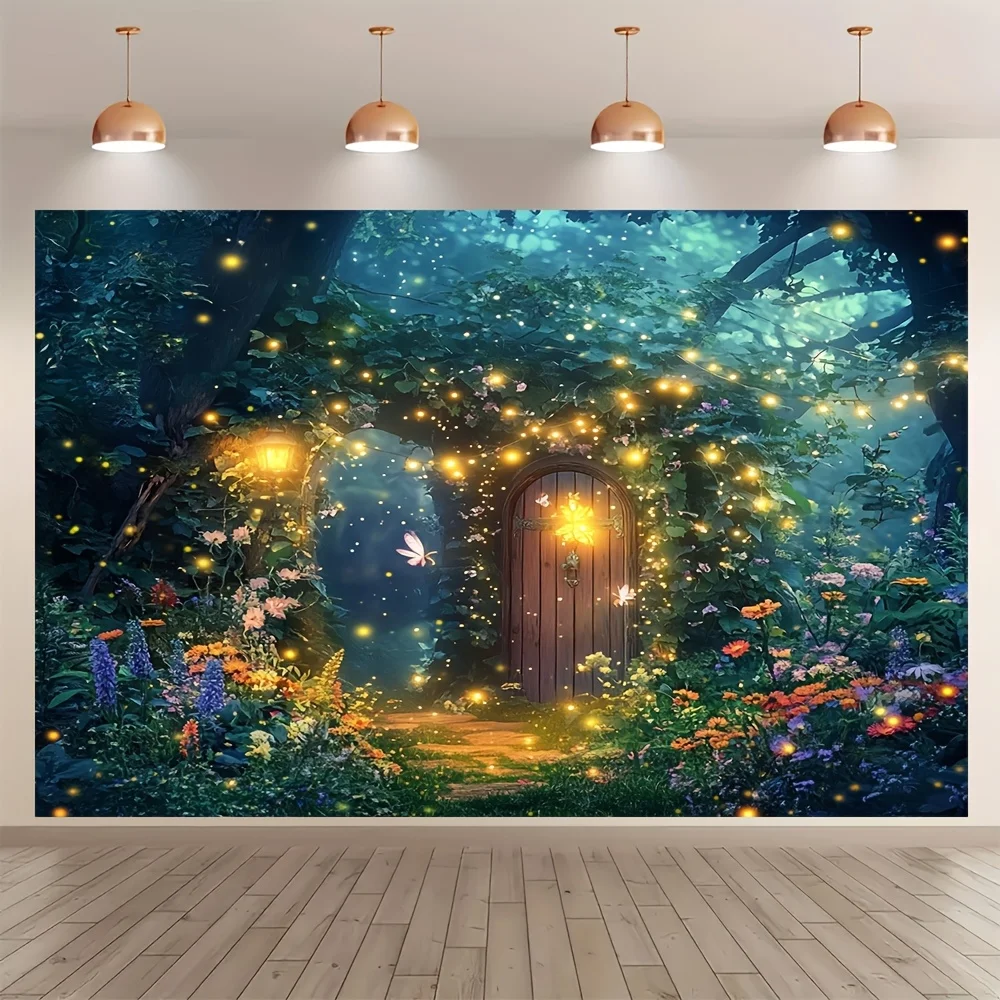 نسيج الغابة المسحور مع باب سحري وأضواء متوهجة - مثالي لإضافة الخيال إلى أي ديكور غرفة