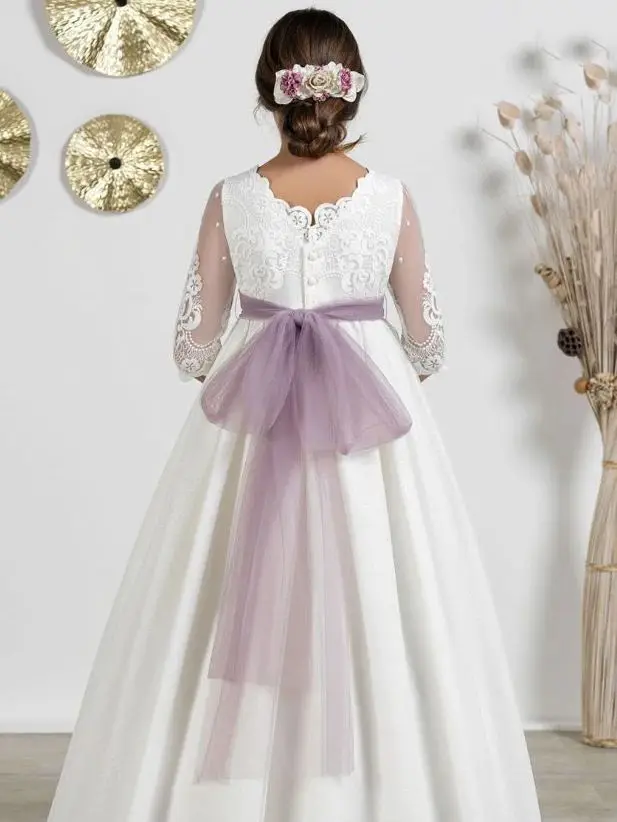 FATAPAESE Customized Communion Dress with a Pale Purple Flowers Sash Pintuck Skirt for Ceremony Bottons-Back and Large Bow