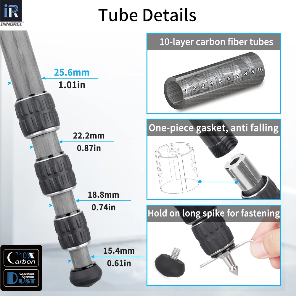 Imagem -05 - Innorel Kt254c 10 Camada de Fibra Carbono Tripé Viagem Profissional Compacto Suporte da Câmera com Curto Centro Coluna para Dslr