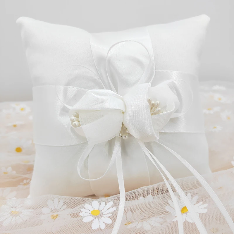 1PC Faux Pearl Ribbons Bow Wedding Ring Pillows Satin Bridal Wedding Ring Bearer Pillow Cushion Bearer with Ribbons Ring Holder