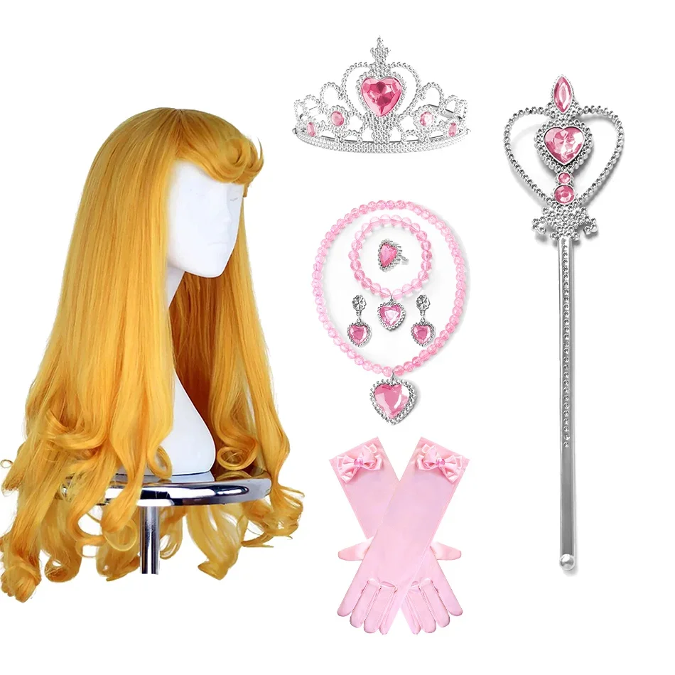 Cute Girls Aurora Cosplay Accessories for Kids Princess Role Play Dress Up Props Auroa Wig Yellow Gold Long Curly Girls Wig