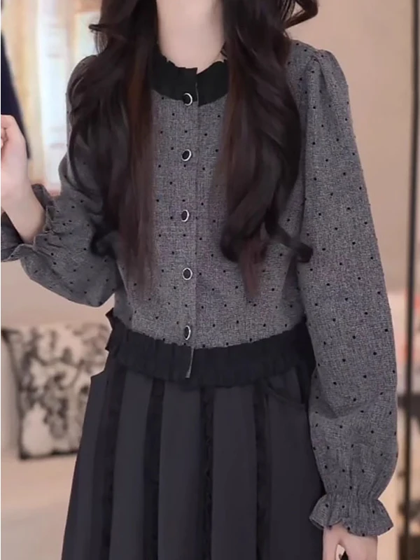 Retro Polka Dot Loose Fit feminino irt com punhos Sves e madeira ain renda emenda respirável longo Sve Top para meninas