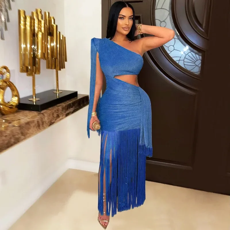 GUWU Damen One-Shoulder-Kleid mit Ausschnitt, Taille am Saum, Quaste, Midi-Maxi-langes Kleid, 2025, Club, sexy Abschlussball, Party, Abend, figurbetonte Kleider
