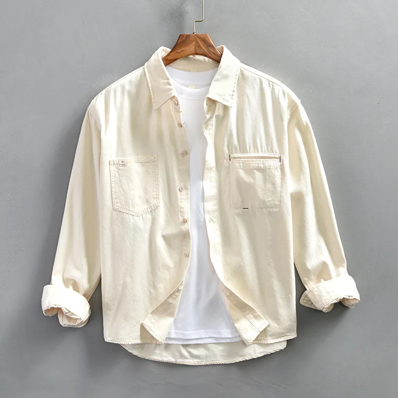 

Retro Japanese Sle Casual Cotton irt Men's Spring New Sle Pure Color Commute Collar Long Sve Jaet Top