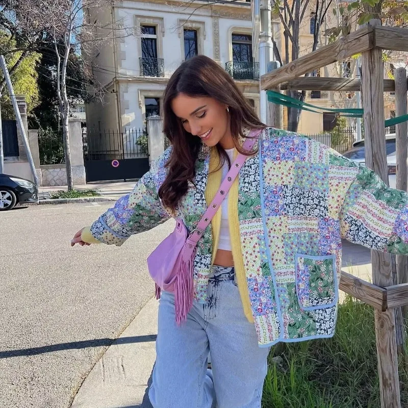 

Винтажная женская стеганая куртка с принтом, большие карманы, вышивка, женская хлопковая одежда, осень-зима 2021, новые модные пальто и куртки