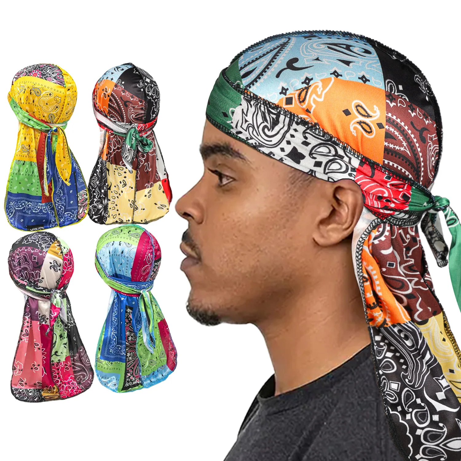 Paisley Printing Silky Durags Bandanas for Men Biker Headwrap Doo Rag Pirate Hat Cap Long Straps Headwear Head Scarf Wave Cap