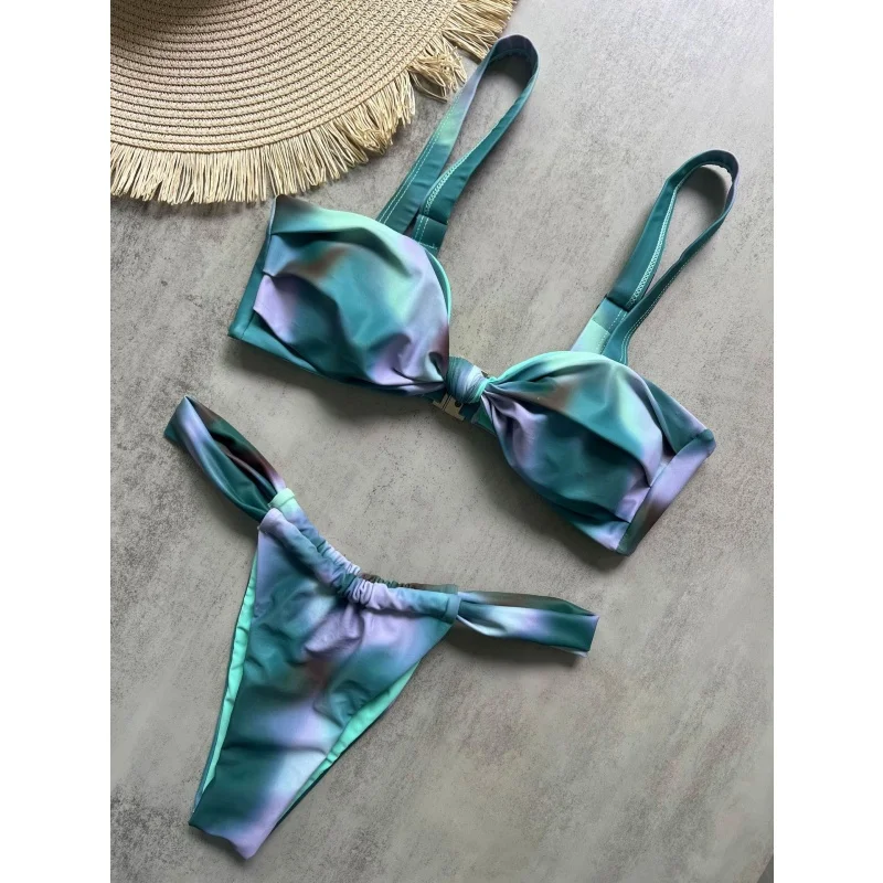 Traje de baño Vintage Tie Dye, Bikini para mujer, Push Up, conjunto de Bikini con tirantes fruncidos a la moda, nuevo traje de baño de verano 2025, ropa de playa