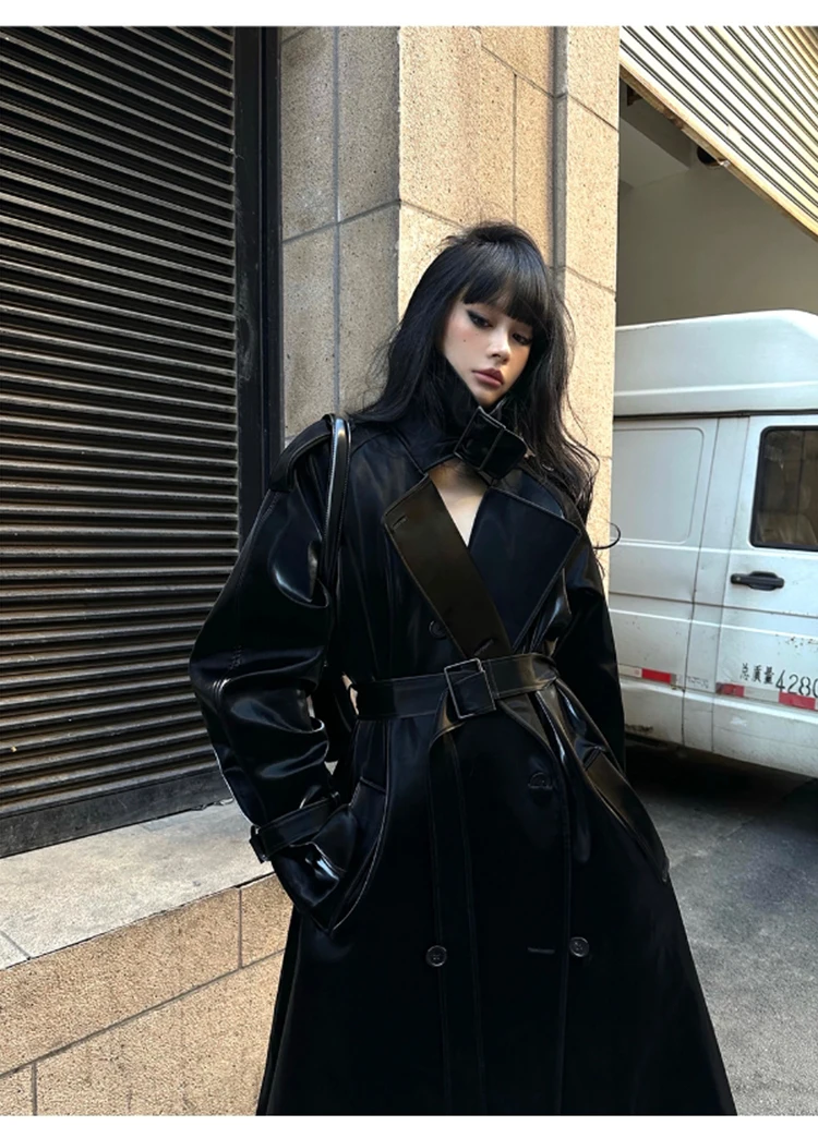 Lautaro Spring Autumn Extra Long Oversized Cool Reflective Shiny Black Patent Leather Trench Coat for Women Belt Runway Fashion