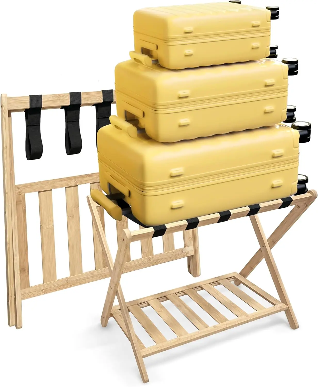 

Luggage Rack for Guest Room, Bedroom, Hotel - Natural Bamboo Suitcase Stand, Foldable with 2 Layers - Luggage Racks for Suitcase