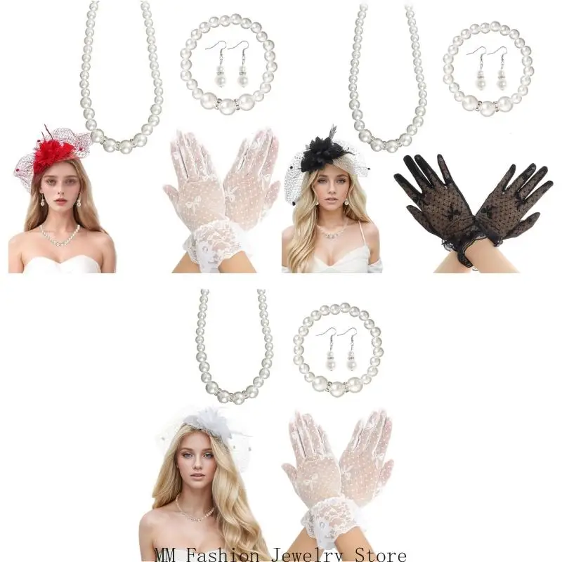 

Женская шляпа-чародей 50-х годов, аксессуары для чайной вечеринки с кружевными перчатками, ожерелье D0UB