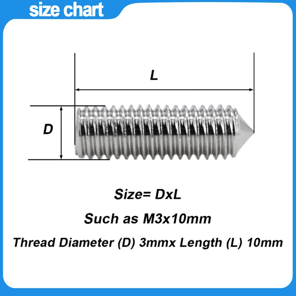 M2 M2.5 M3 M4 M5 M6 M8 Set Screws Hex Hexagon Socket Cone Point Grub Screw DIN914 304 Stainless Steel Allen Head Set Screw