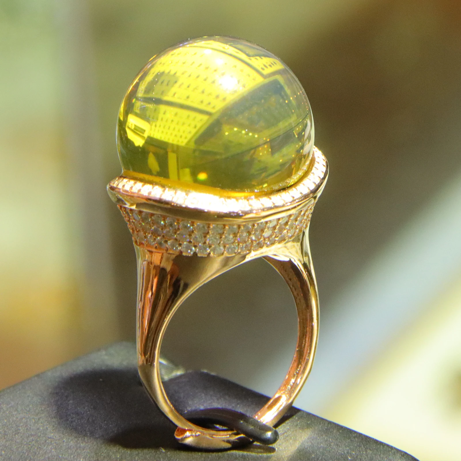 

Anniversary Gift! 20mm Color Change Blue Amber Ring Gold Plated w/ Diamonds Adjustable Ring for Her