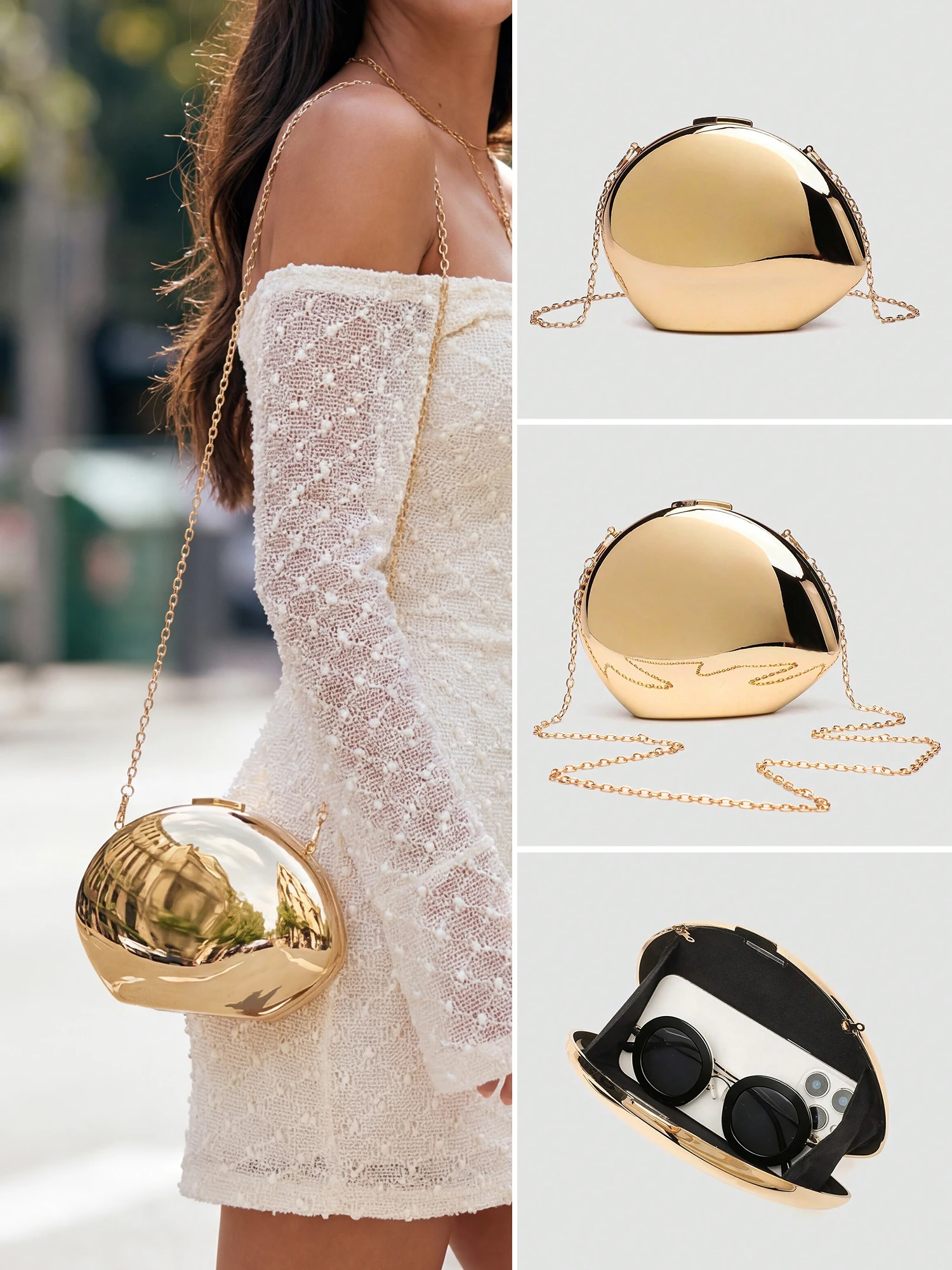 

Designer Acrylic Shell Shape Clutch Bag Gold Silver Women Evening Party Bag Cute Shiny Metal Shoulder Crossbody Bags Small Purse