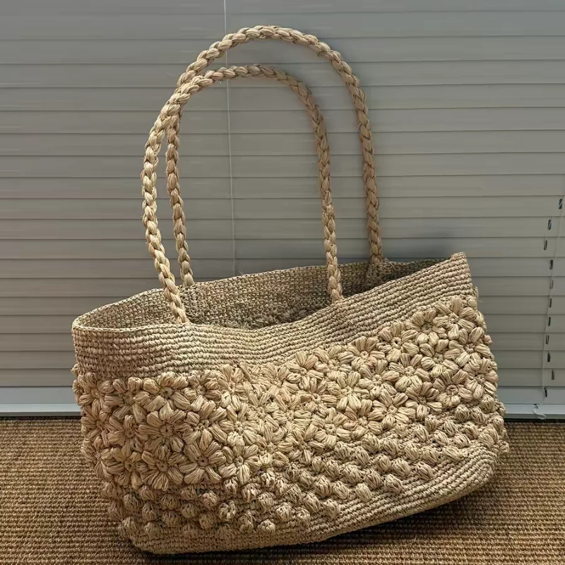 Hawaiian Style Woven Shoulder Bag French Retro Versatile Elegant Handbag Large Capacity, Lightweight Commuter Bag Casual Shopper