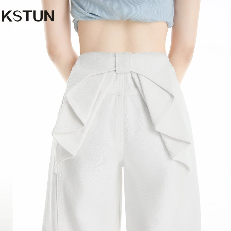 

KSTUN 2025 Summer White Jeans For Women High Waist Wide Leg Pants Pockets Bow Desinger Fashion Female Dragging Pants Trousers