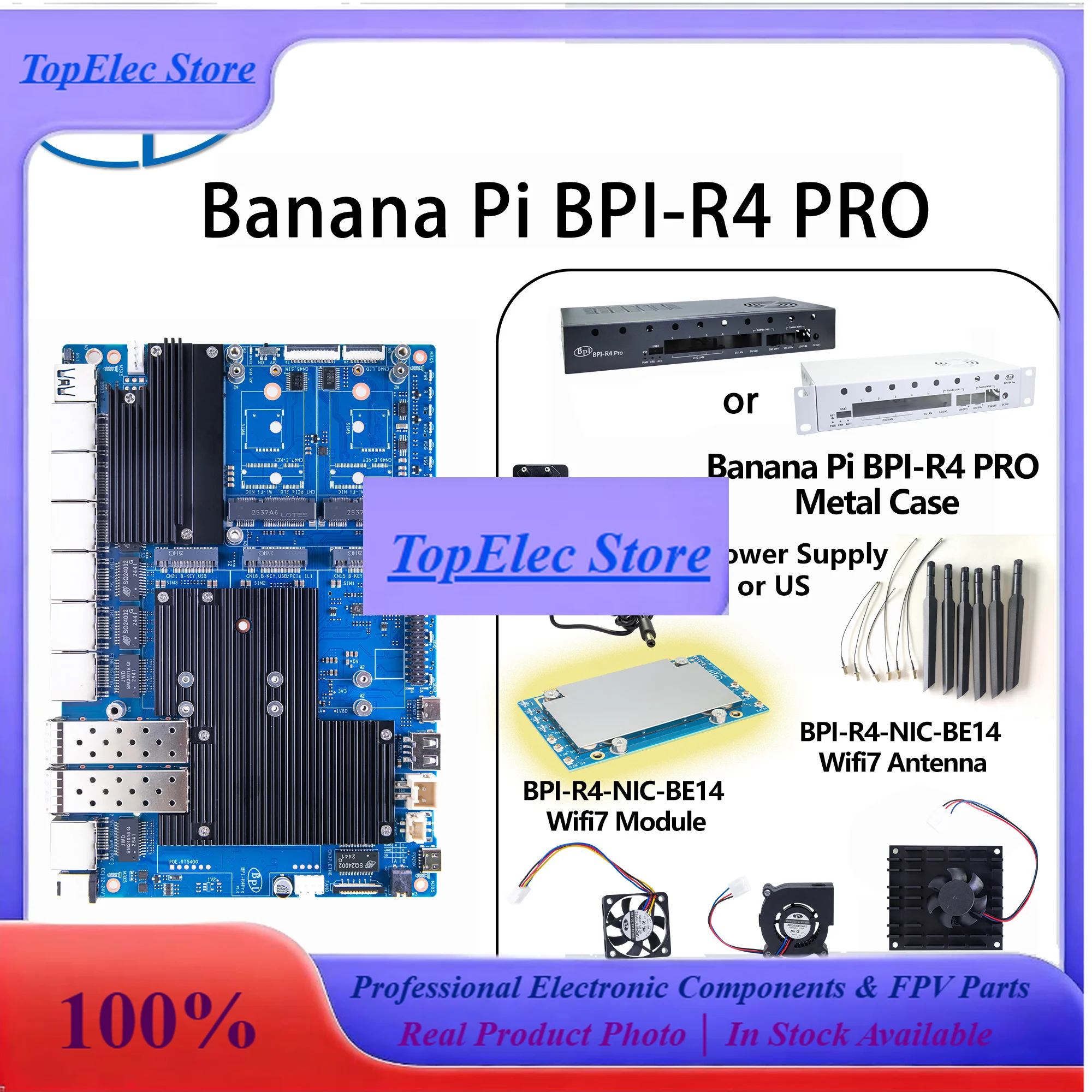 TopEsBanana Pi BPI-R4 PRO Router Board Kit With Case Power Supply Fan, MediaTek MT7988A Quad-Core Cortex-A7, 8GB DDR4 8GB EMMC