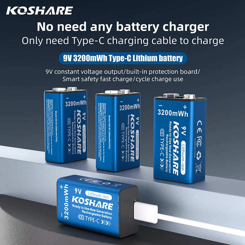KOSHARE Rechargeable 9V Li-ion Batteries3200mWh High Capacity 6F22 Lithium Battery With Type-C Cable For Multmeter Flashlight