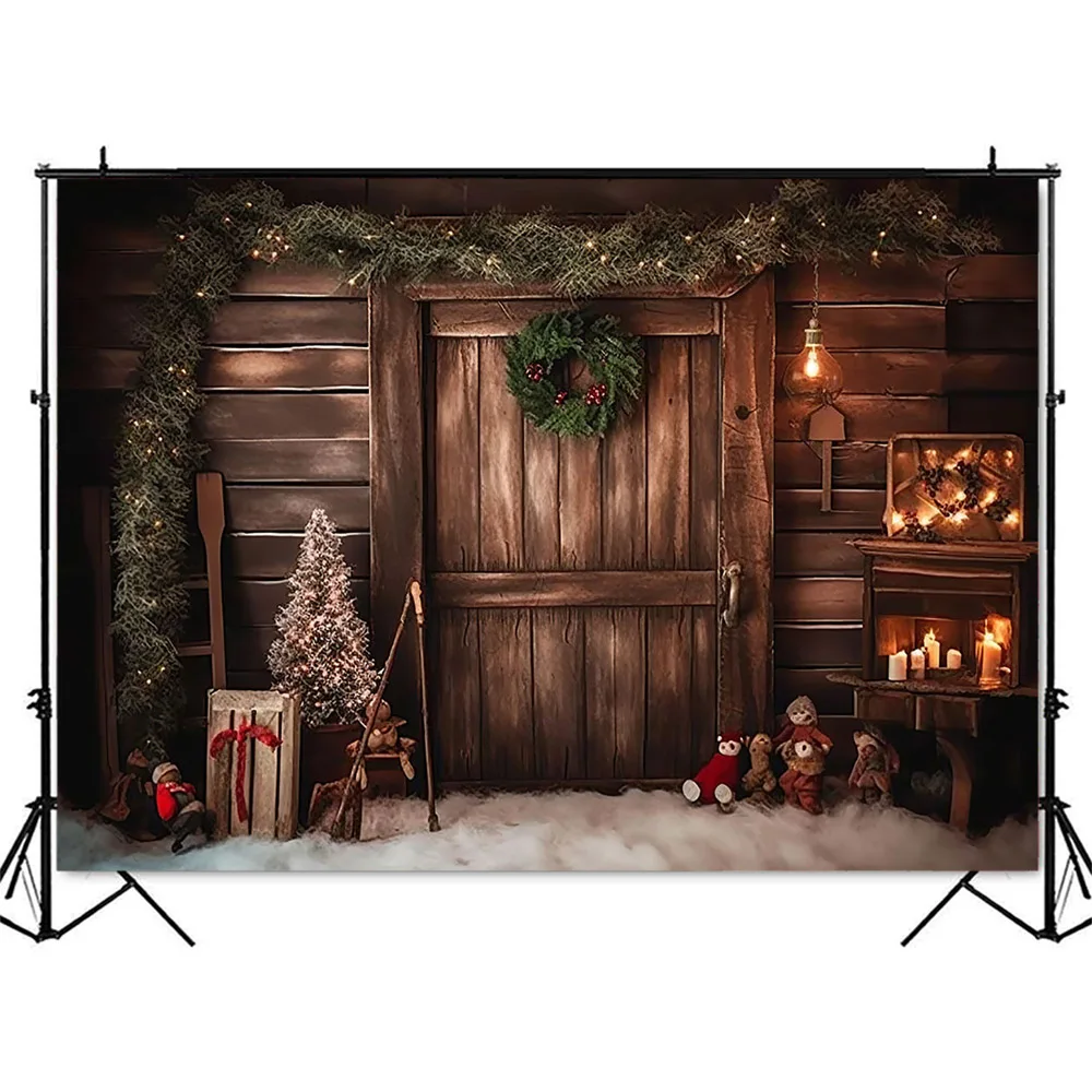 Dark Brown Wood House Backdrop for Christmas Portrait Photography Newborn Baby Photoshoot Backdrop Banner X-mas Tree Props