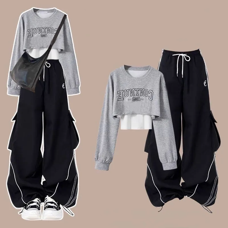 Girl Spring Autumn New Vintage Letter Fake Two Piece Long-sleeved Hoodie+Casual Pants Suit Korean Elegant Tracksuit Matching Set