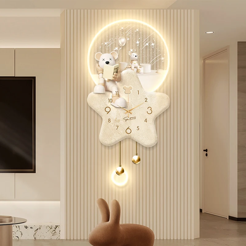 

Cream Style Living Room Decoration Wall Clock Cartoon Bear Design Clock Mural Lamp LED Mute Corridor Hanging Painting Wall Clock